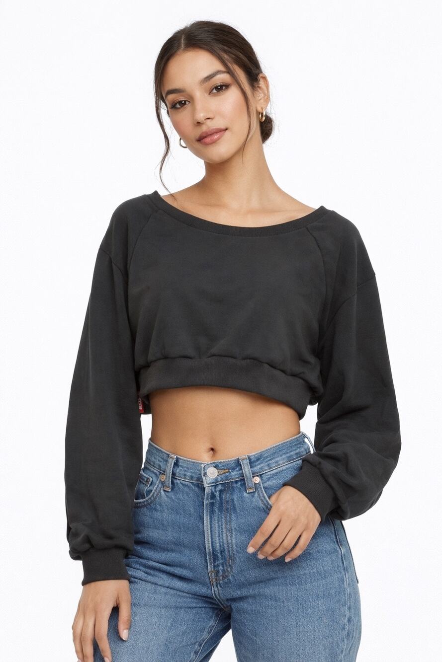 Cider Cropped Sweatshirt Medium Black Crewneck Casual Core Lounge Top NWT size